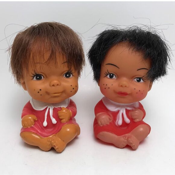 Vintage Moody Rubber Baby Dolls Rooted Hair Funny Faces - Picture 1 of 5